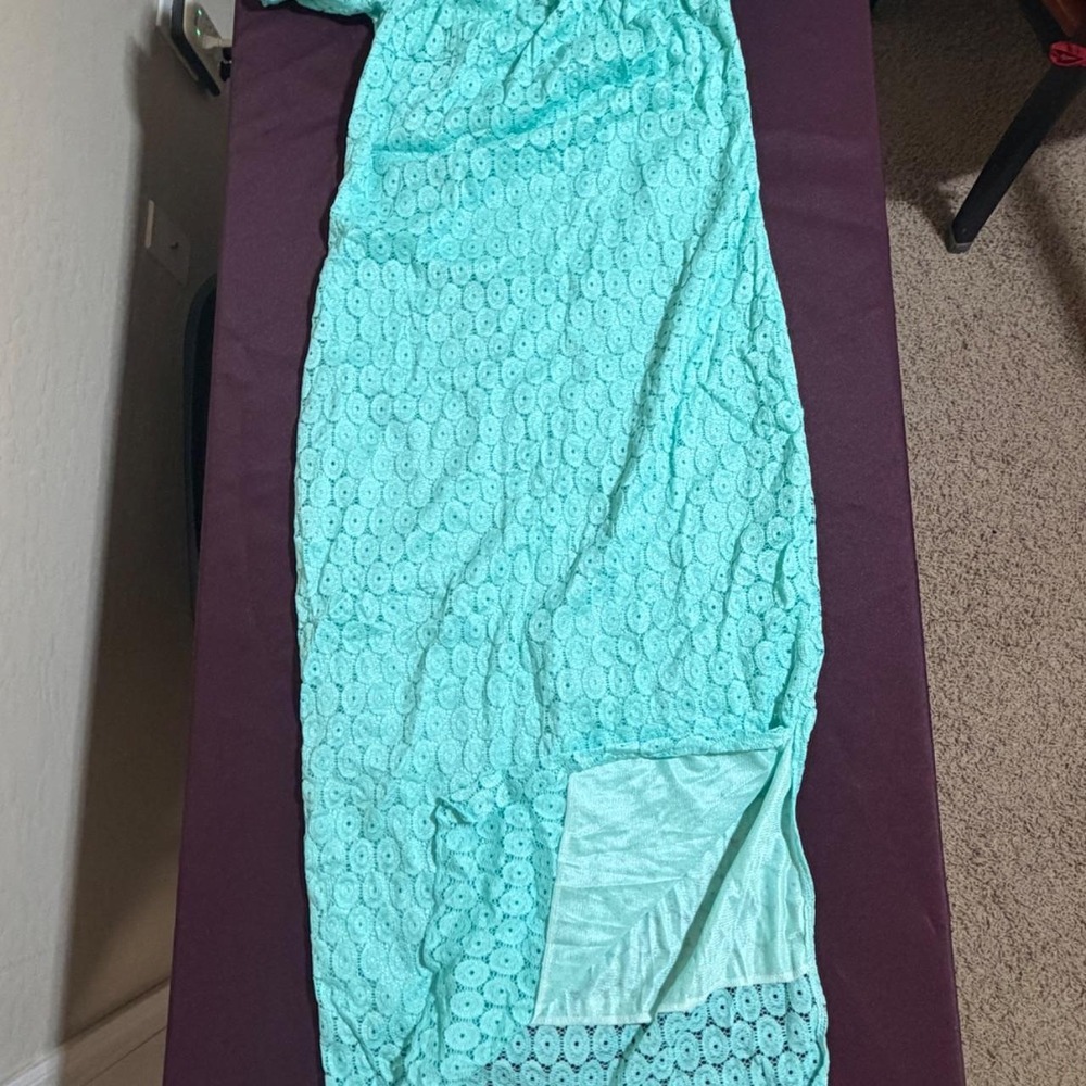 Temu Teal Lace Off Shoulder Maxi Dress Short Sleeve Side Slit Large - Picture 2 of 6